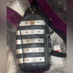 MCM Black and Silver Striped Backpack